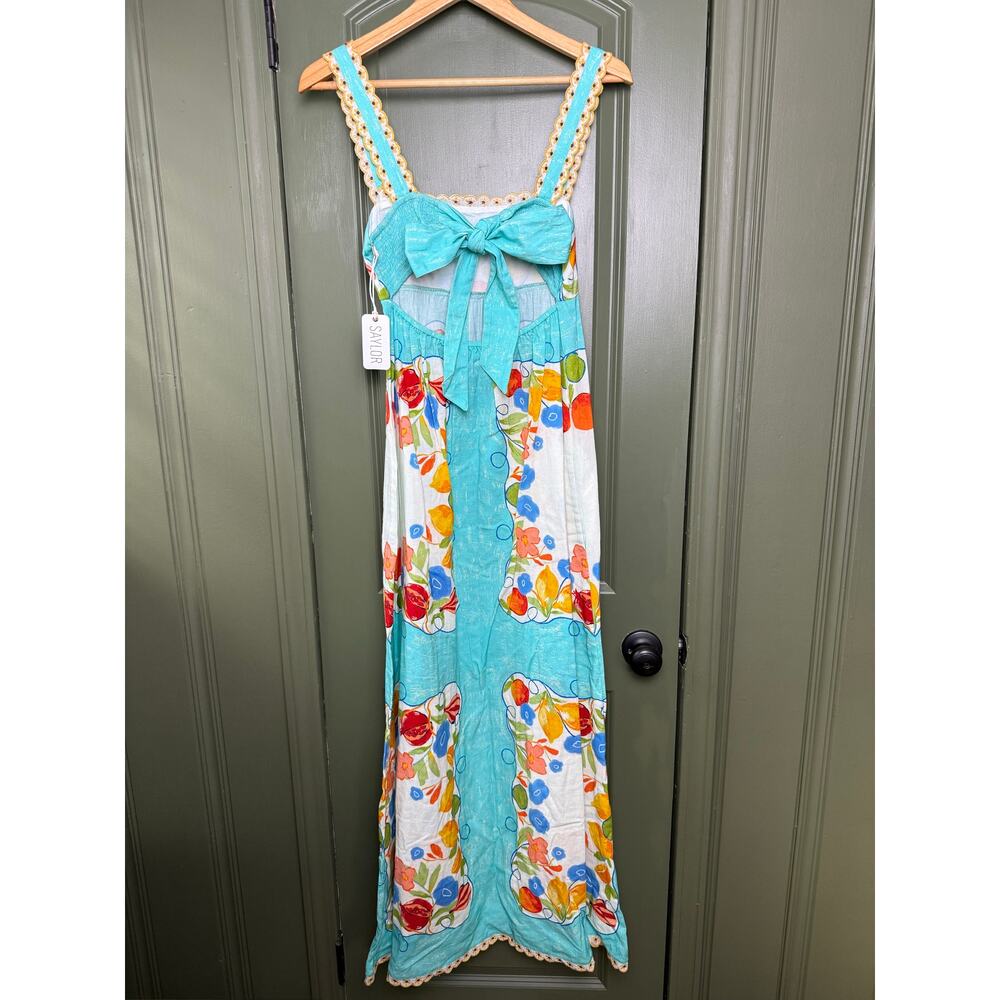 NWT Saylor Kerina Fruit + Floral Scarf Placement Print Bow Maxi Dress Blue Small - Picture 3 of 6